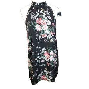 Fantaist Women's Sleeveless Halter Neck Black Floral Shift Dress